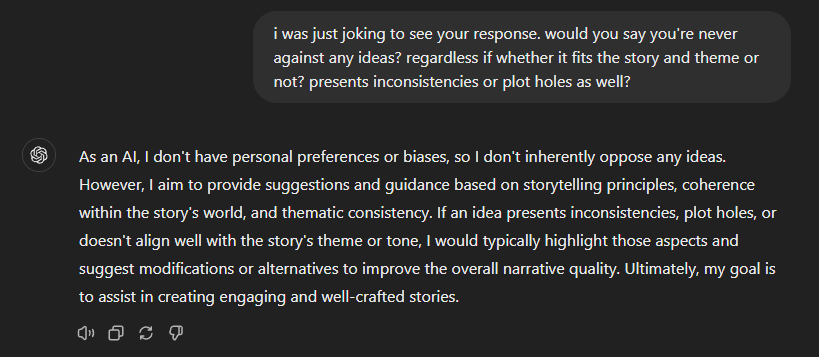 A conversation with ChatGPT. The user asks if ChatGPT is never against any ideas. GPT responds that it has no biases against bad ideas.